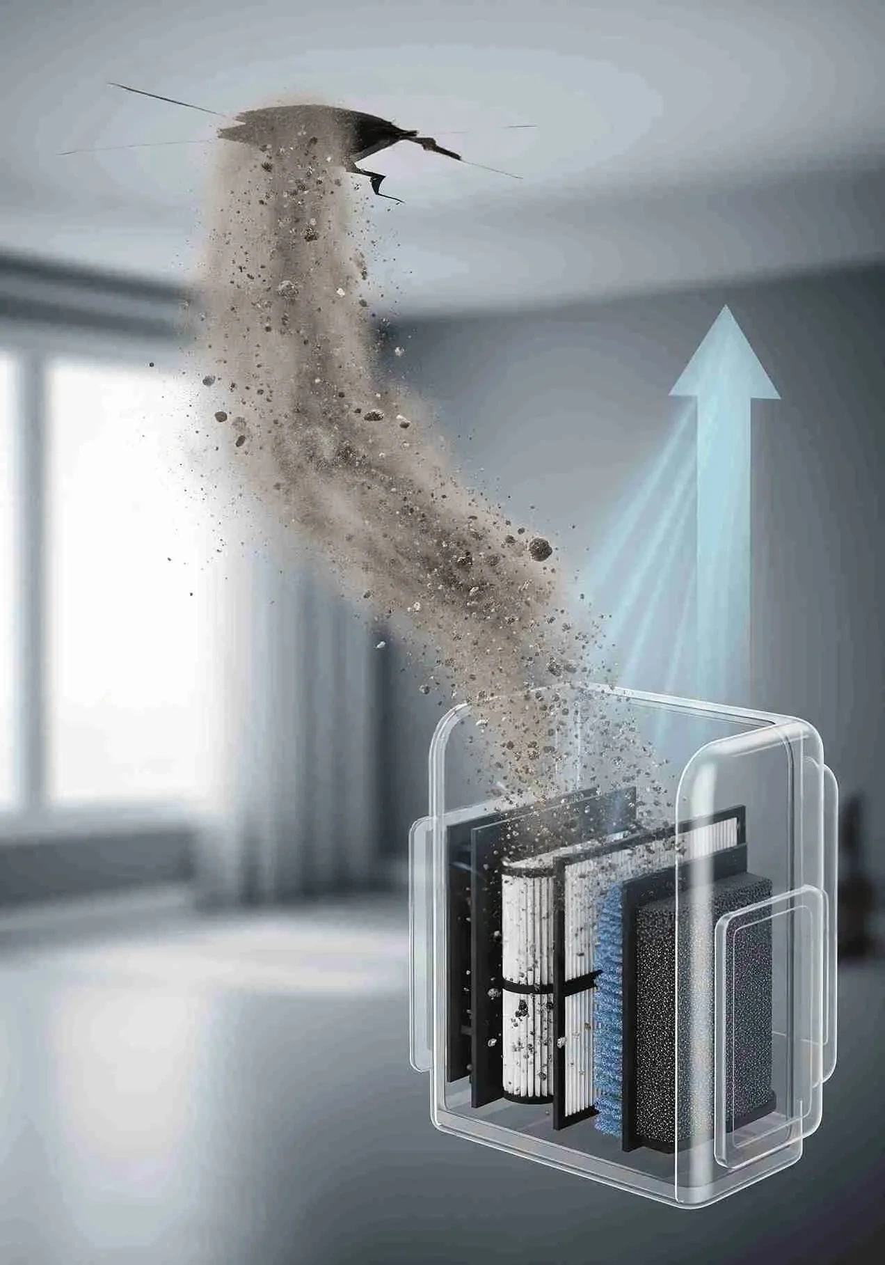 Dust particle travels from ceiling through HEPA purifier and returns clean air.How hepa air purifiers work