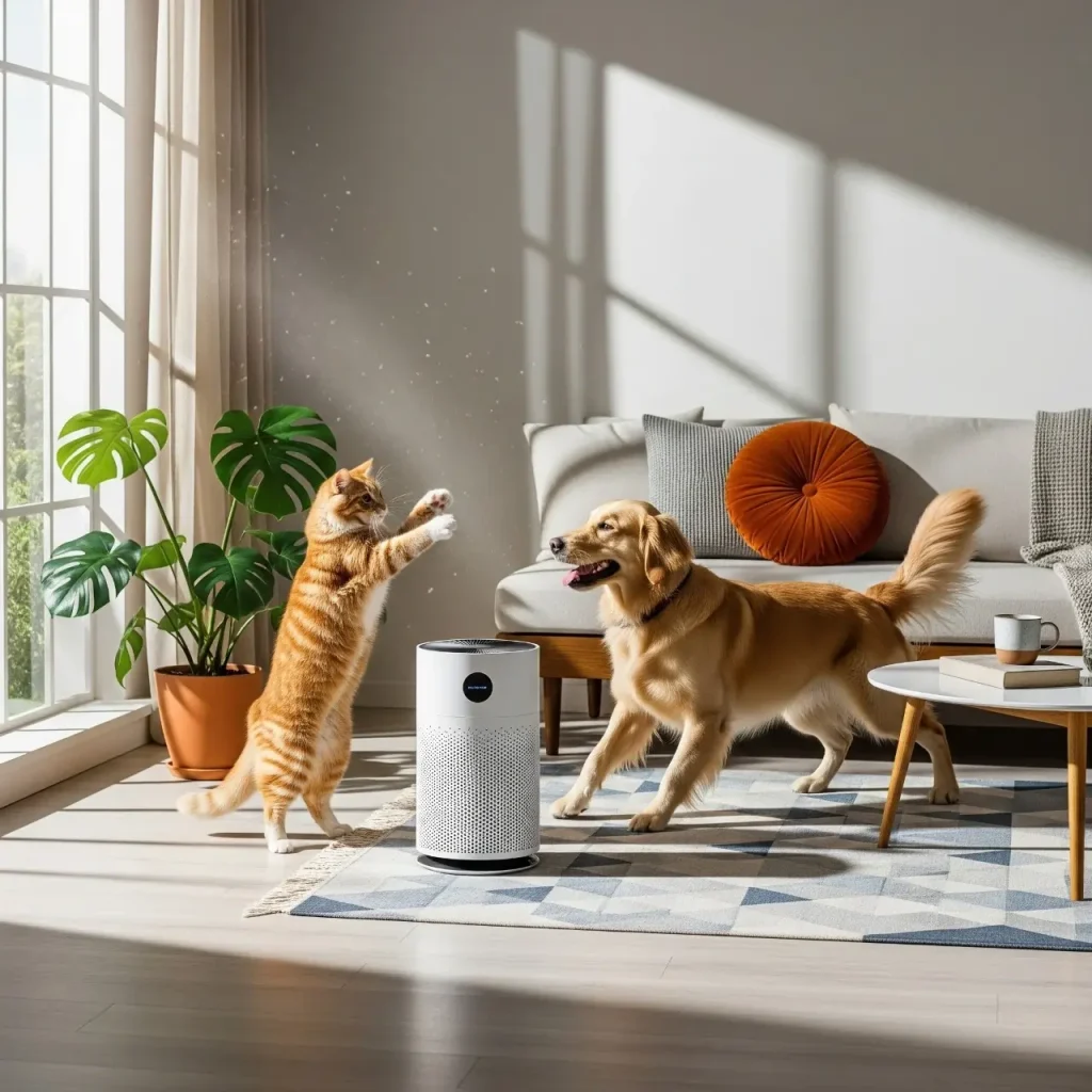 Healthy Pets Playing Around An Air Purifier In The Home