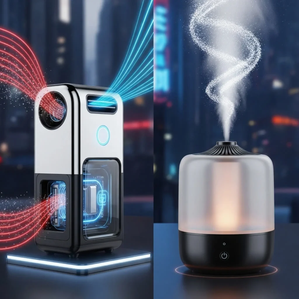 A side-by-side comparison chart showing air purifier filtering dust vs humidifier releasing mist