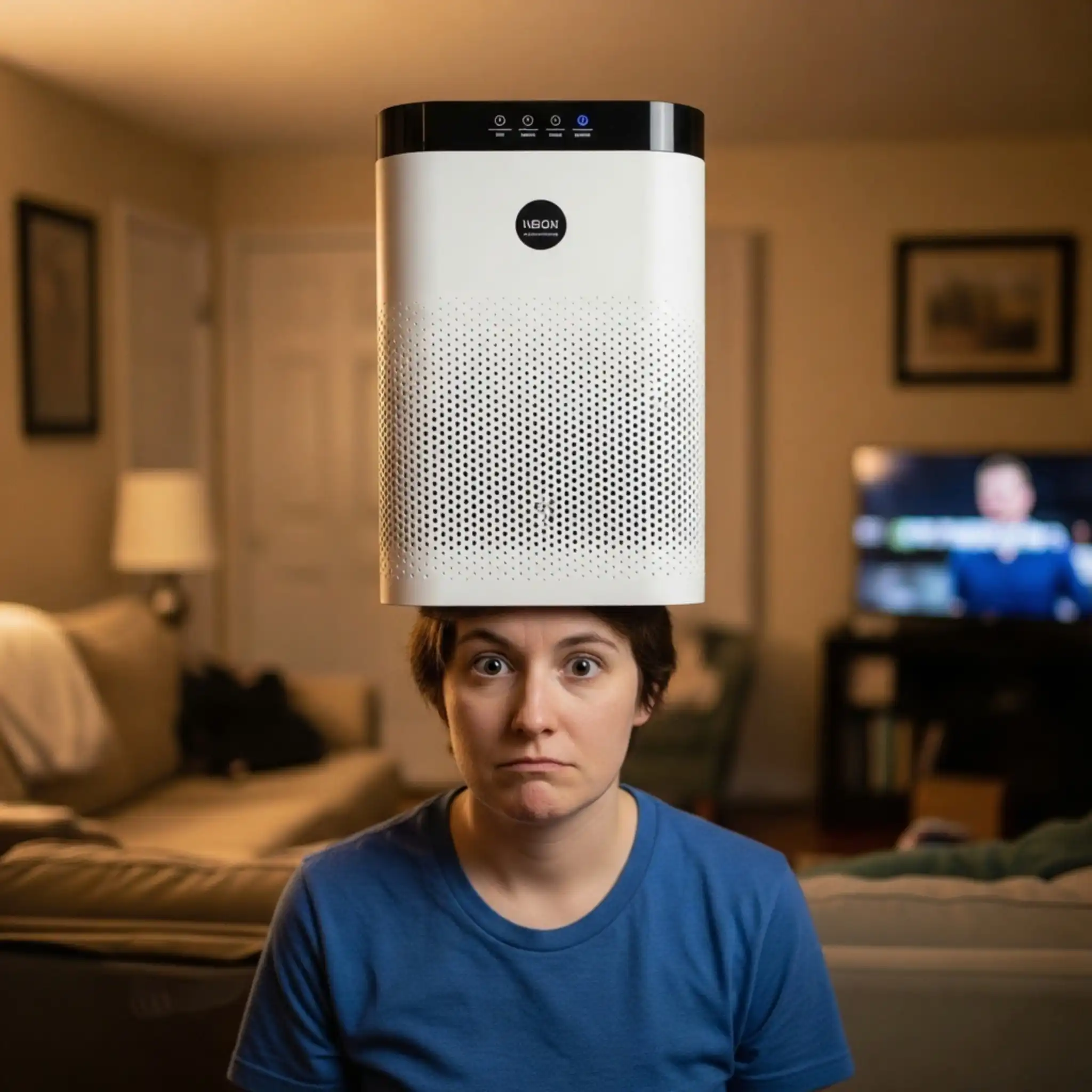 Lady With Air Purifier On Her Head Depicting Incorrect Use Of An Air Purifier