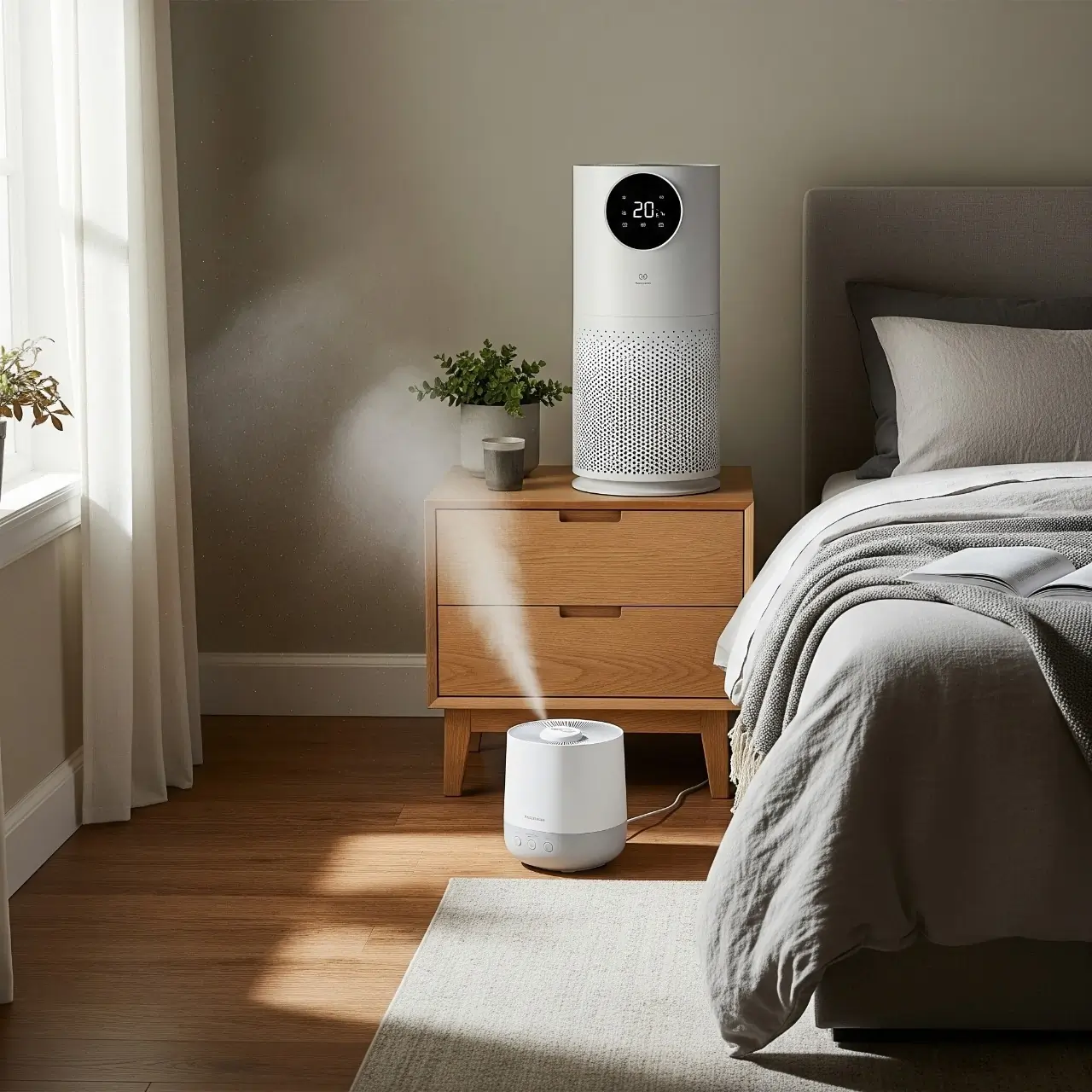 xample setup showing safe distance between air purifier and humidifier