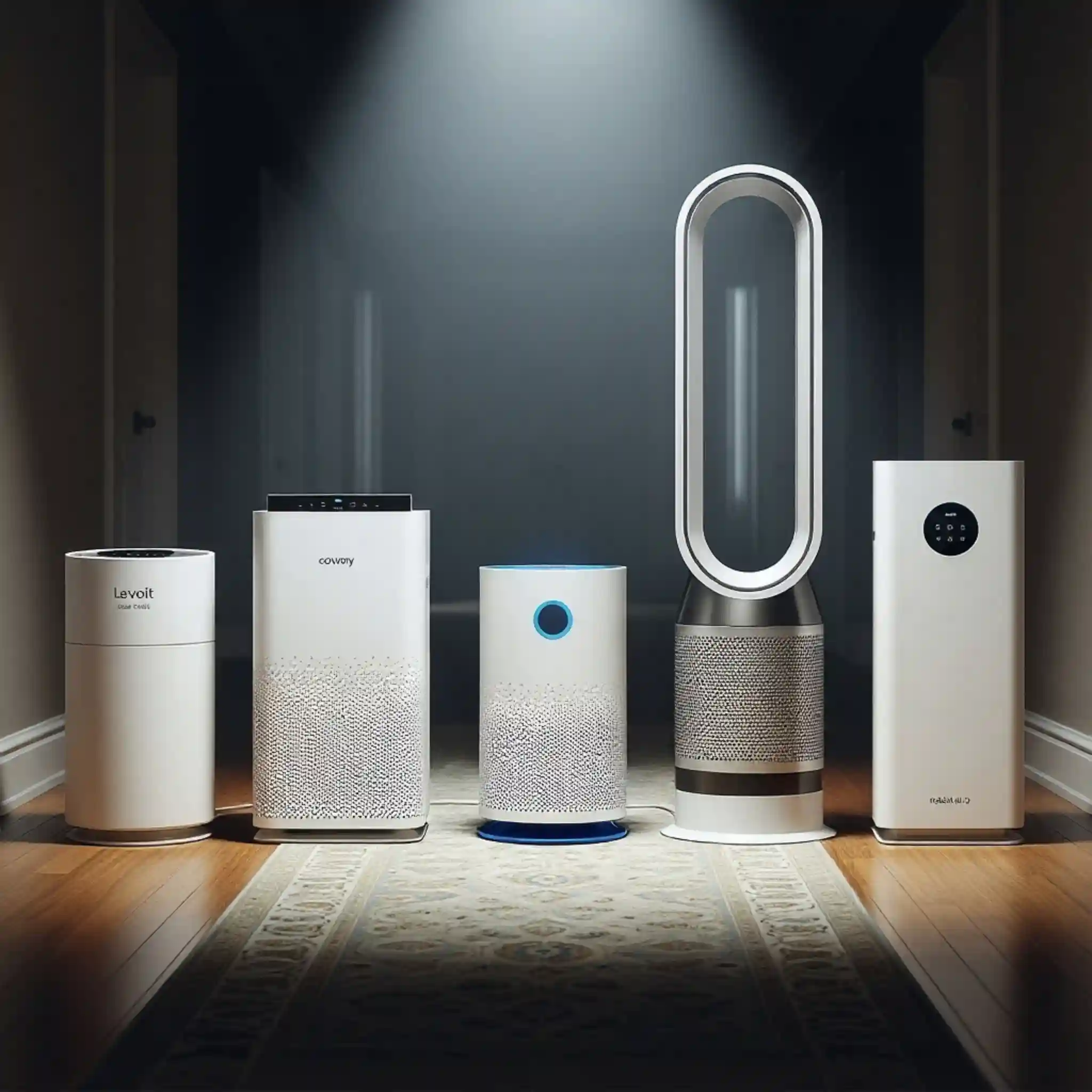 Five air purifiers lined up like beauty contestants in a hallway