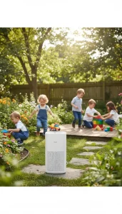 Levoit Core 600S In A Garden With Happy Kids Playing Around It