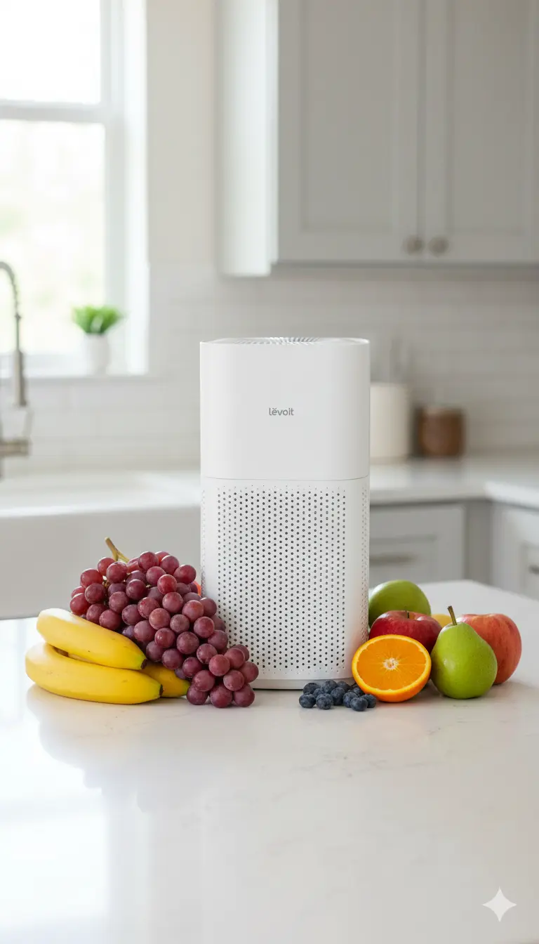 Levoit Core 600S In A Modern Kitchen Surrounded By Fresh Fruit