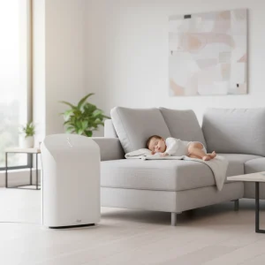 RabbAir BioGS 2.0 In A Modern Living Room With A Baby Sleeping Next It