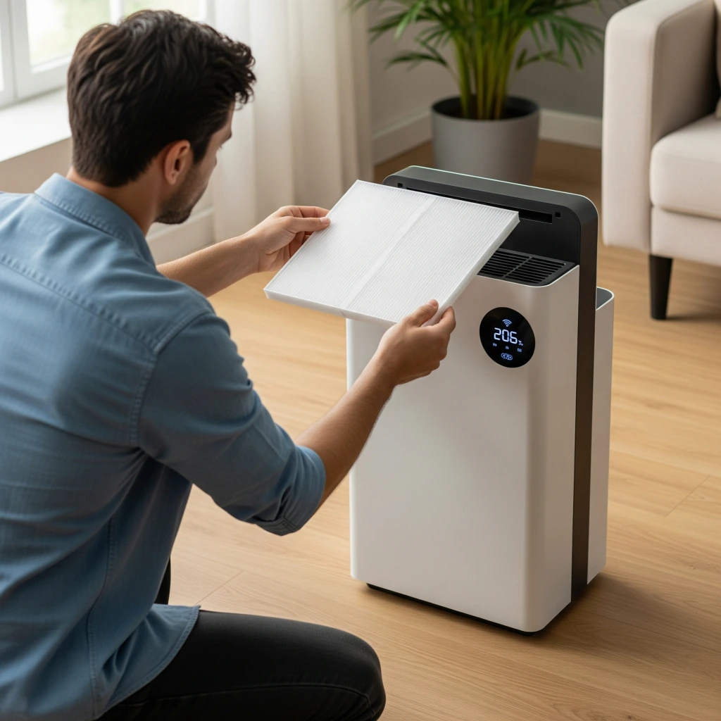 a man replacing a hepa air filter on a smart purifier,view generated from behind