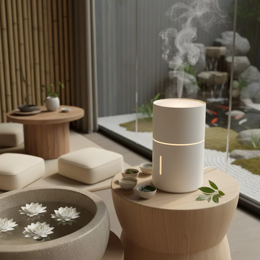 beauriful-image-of-an-aromatherapy-air-purifier-in-a-spa-with-a-Zen-theme