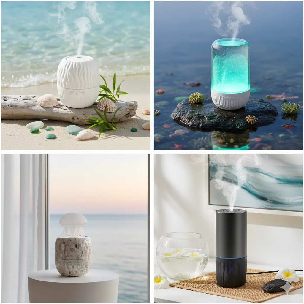 collage of aromatherapy diffusers in an ocean like backdrop