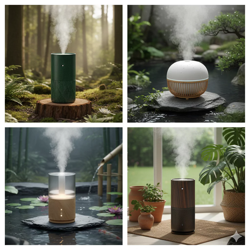 collage of humidifiers in a natural setting