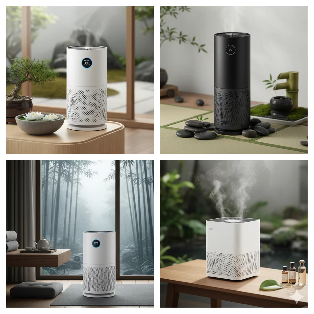 collage of top selling aromatherapy air purifier in a zen setting