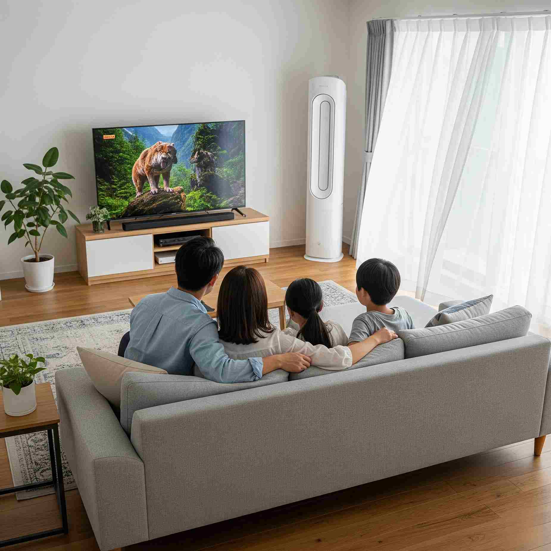 relaxed family on couch with air purifier in background