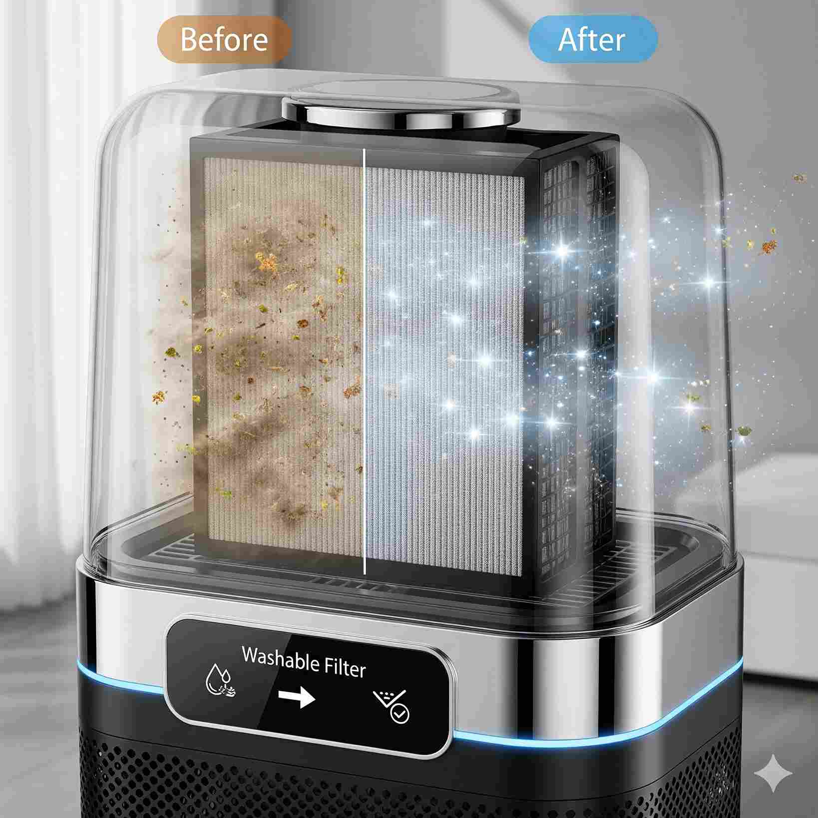 Stunning image of an air purifier with before and after pictures of the air cleaning process
