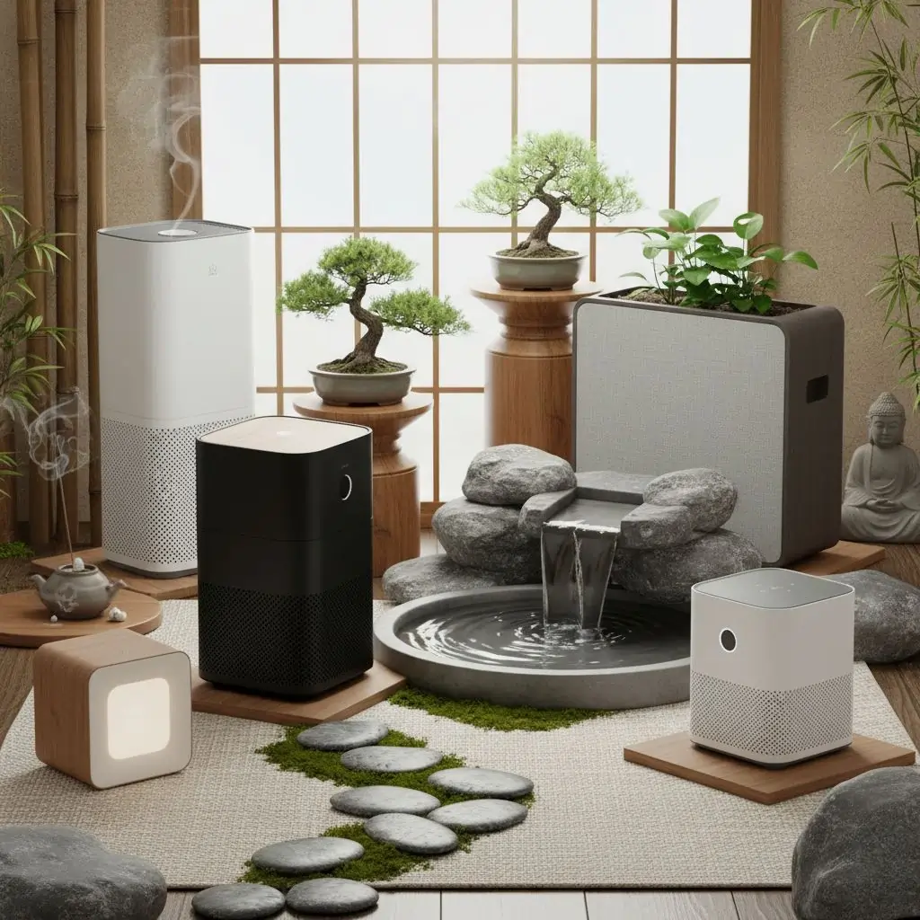 Collage Of Air Purifiers In A Serene Zen Setting