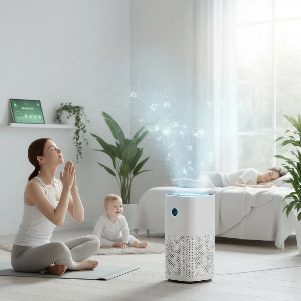 Depiction Of Health Benefits Of An Air Purifier For A Family