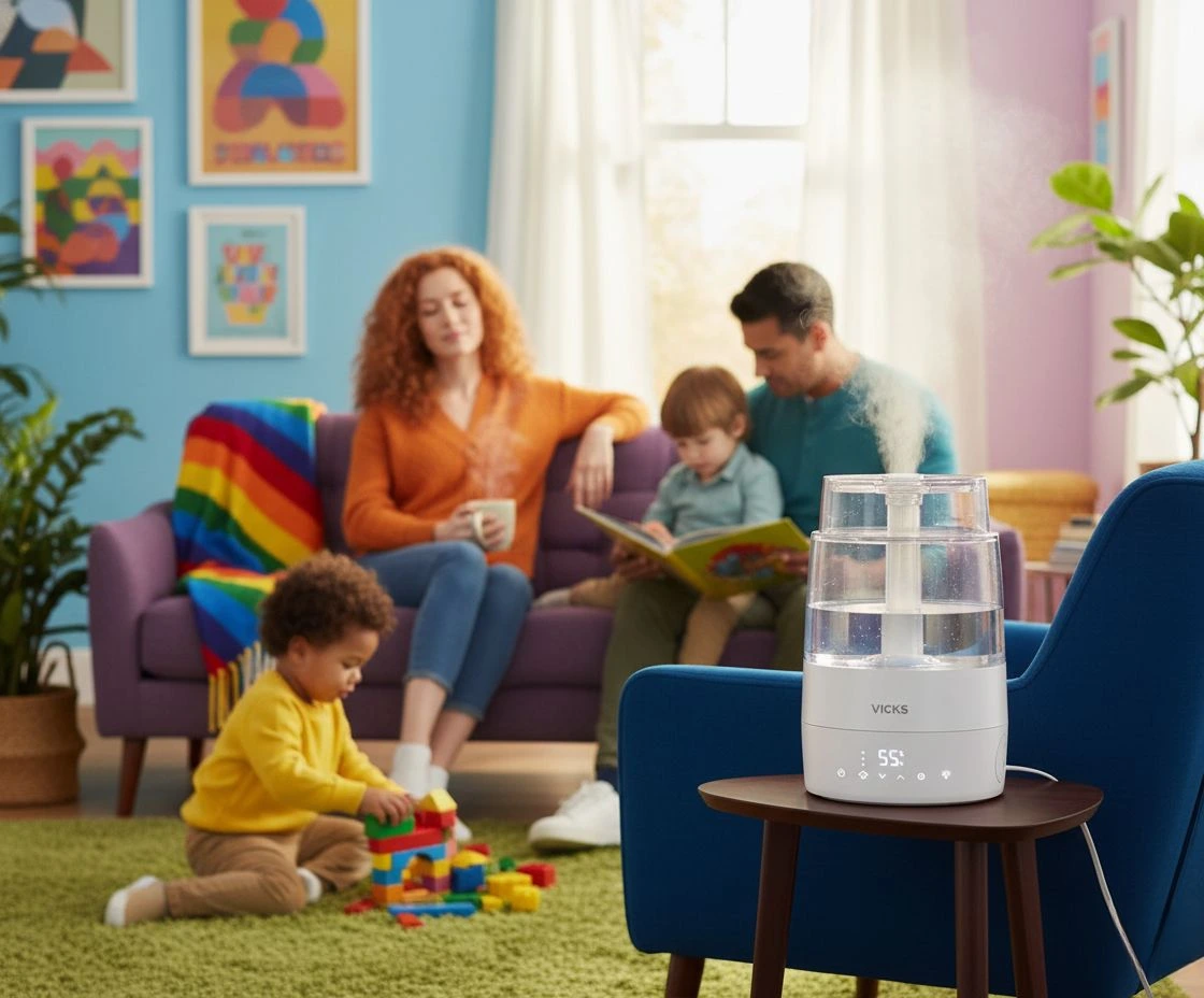 Vicks Humidifier In A Room With A Beautiful Family Sitting Around It