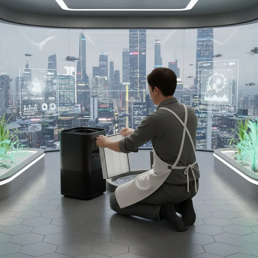 Technician Replacing An Air Purifier Filter In A Futuristic Setting