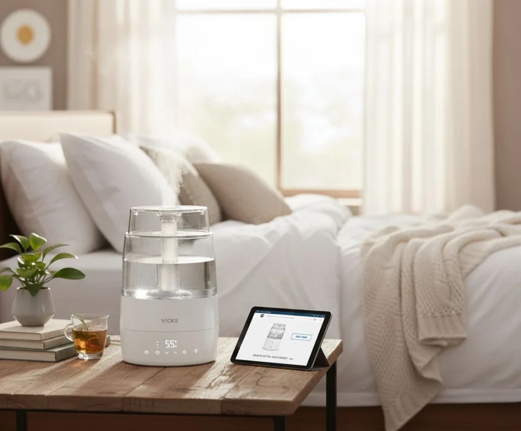 Vicks Humidifier In A Peaceful Family Bed Room