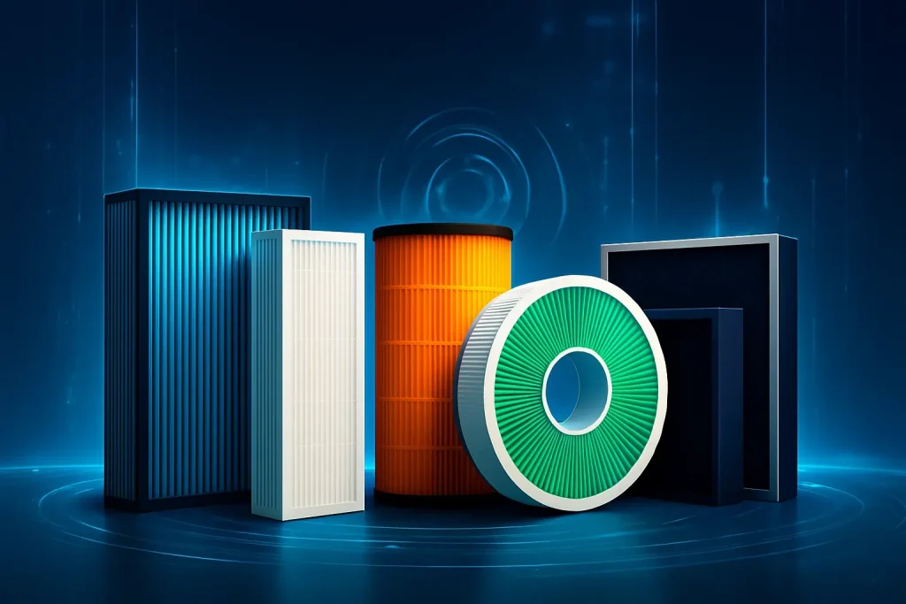 An array of air purifier filters with a futuristic background