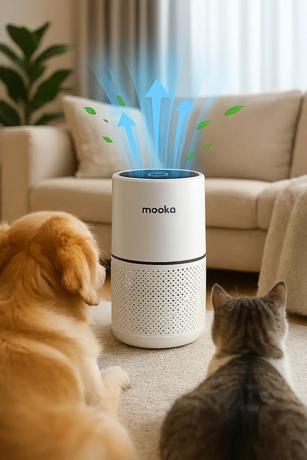 Mooka Air Purifier Purifying the Air with a Pet Dog Watching