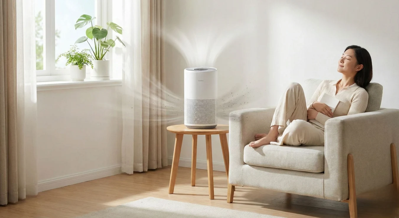 Featured Image Of A Female Relaxing In A Living Space While An Air Purifier Removes Toxins From The Air