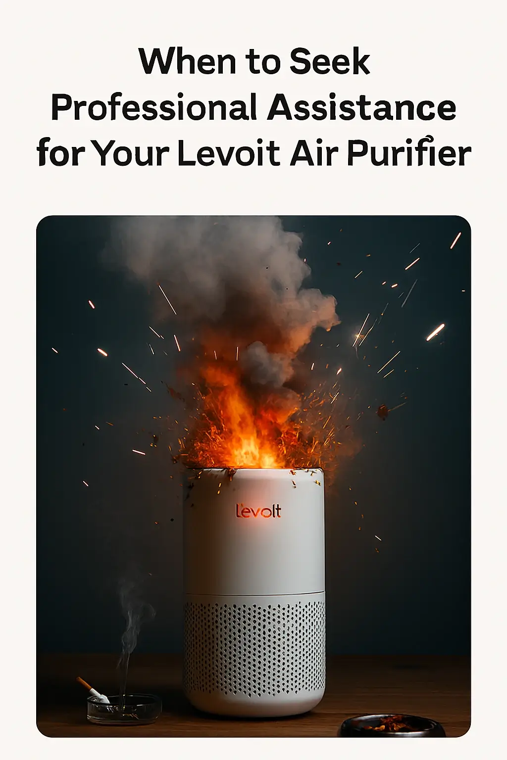 Image Depicting A Levoit Air Purifier On Fire With Title When To See Professional Assistance For Your Levoit Air Purifier