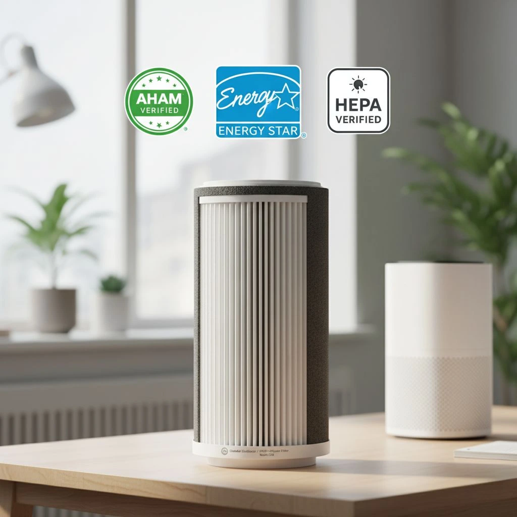 Image Of A Genuine Air Purifier Filter With AHAM,Energy Star and HEPA Verified Logos