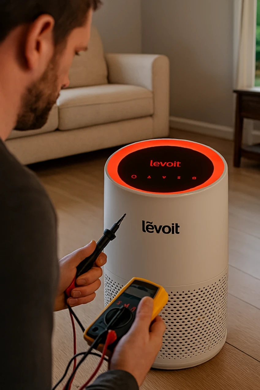 Image of a caucasian male with tools in hand trying to fix red light on a Levoit air purifier