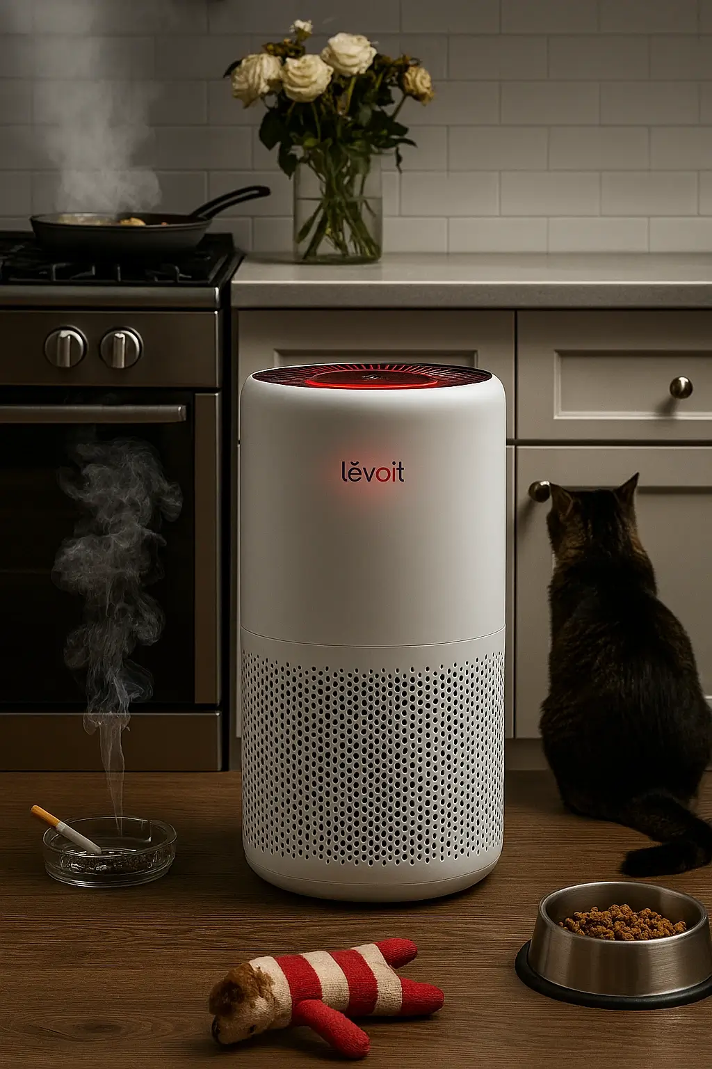 Levoit Air Purifier Surrounding By Items That Can Trigger The Warning Red Light