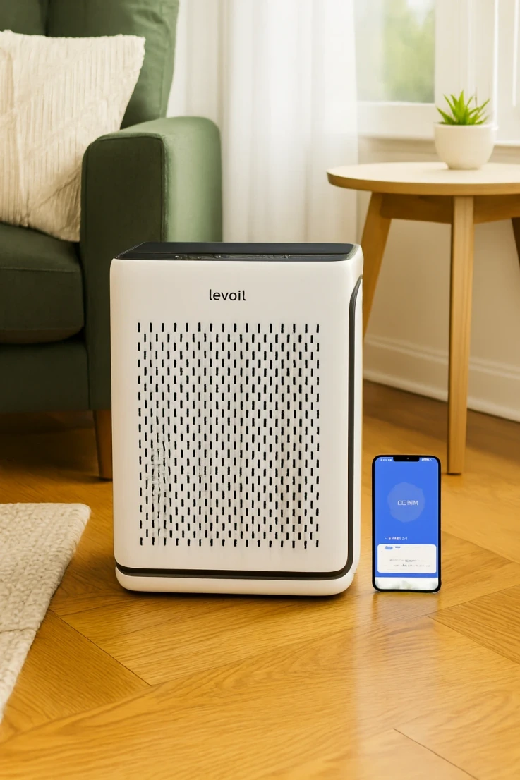 Levoit air purifier with its app interface staged in a warm, living room