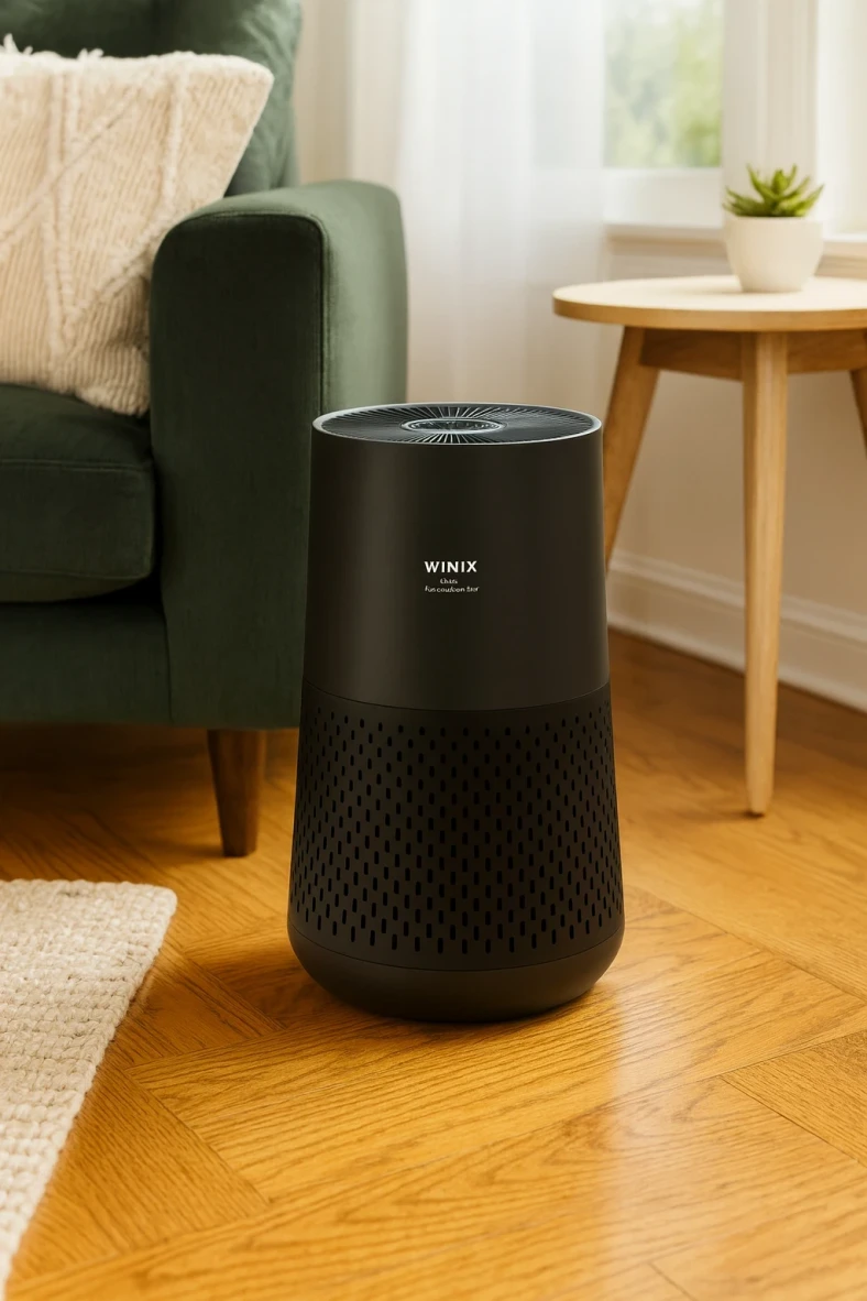 WINIX air purifier staged in a clean, modern living room with soft natural lighting and warm lifestyle appeal