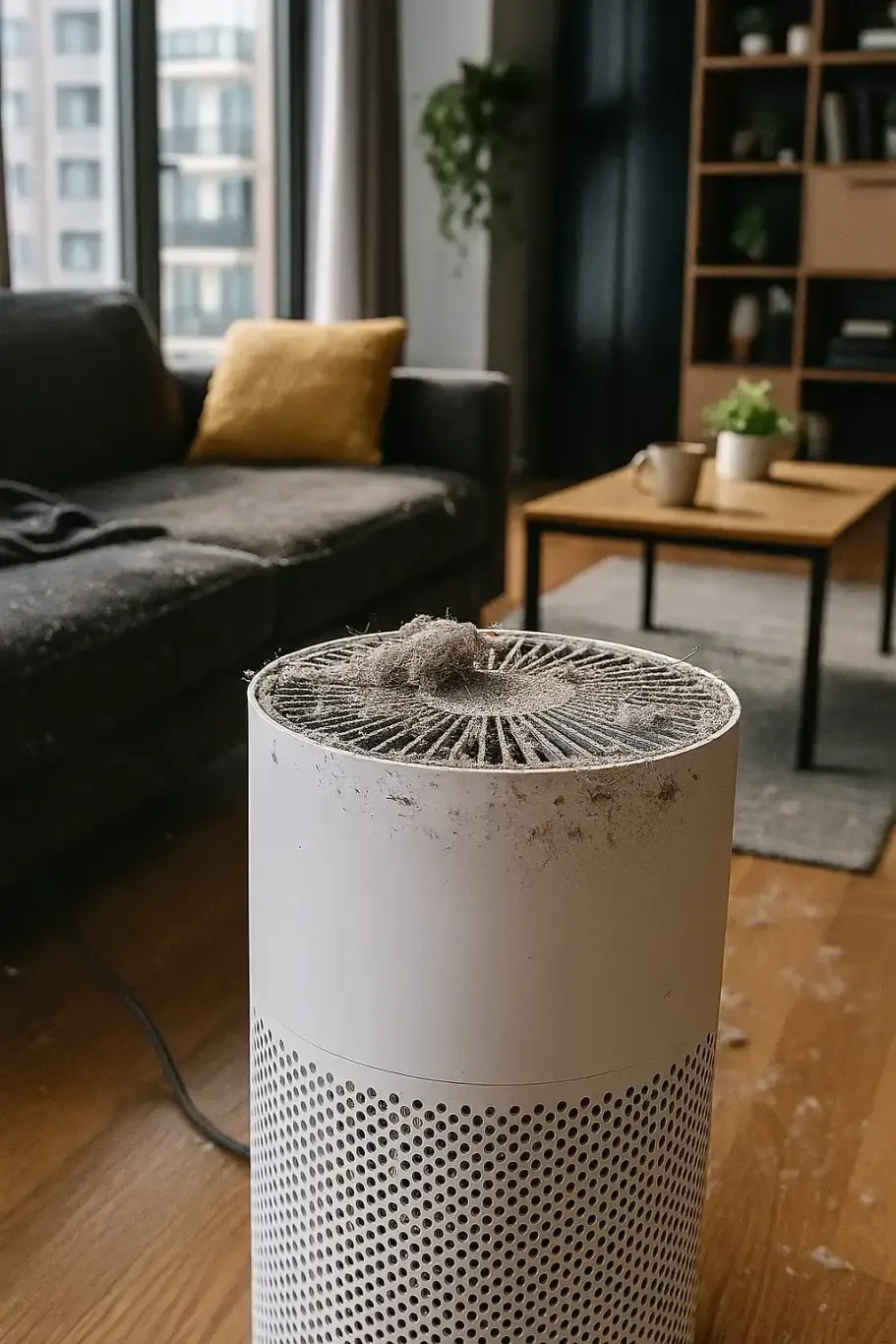 an image depicting a household neglecting air purifier maintenance in a modern home