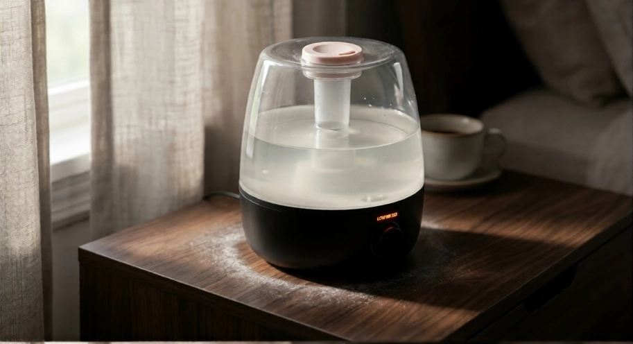 Image Of A Humidifier On A Bedside Table Looking Murky Due To It Not Being Maintained