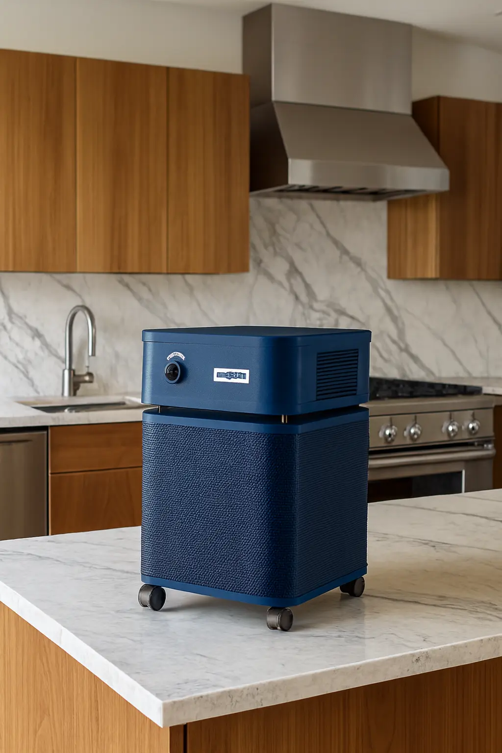 Air Purifier In A Modern Kitchen With Accents Of Aliminium and Marble for The Best Air Purifier For Kitchen