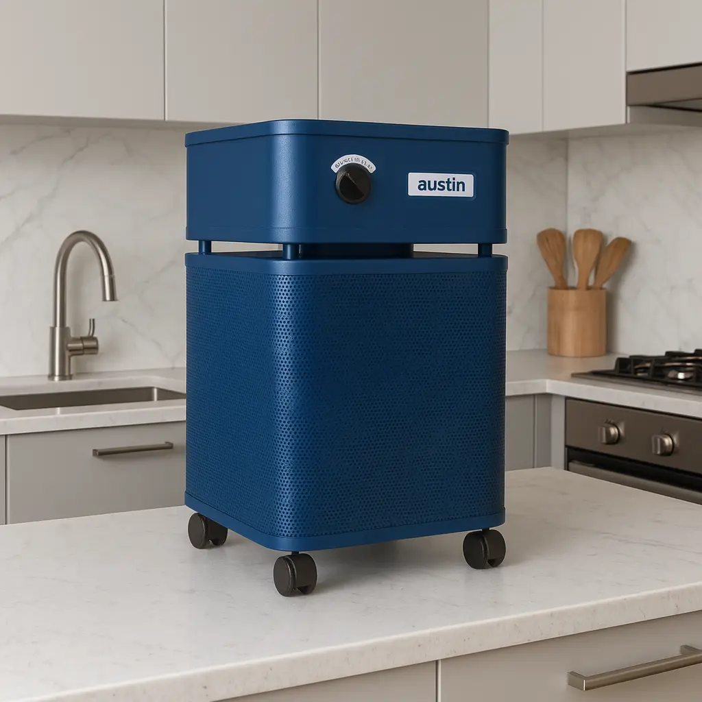 Austin Air HealthMate Plus In A Modern Kitchen With Aliminium and Marble Accents