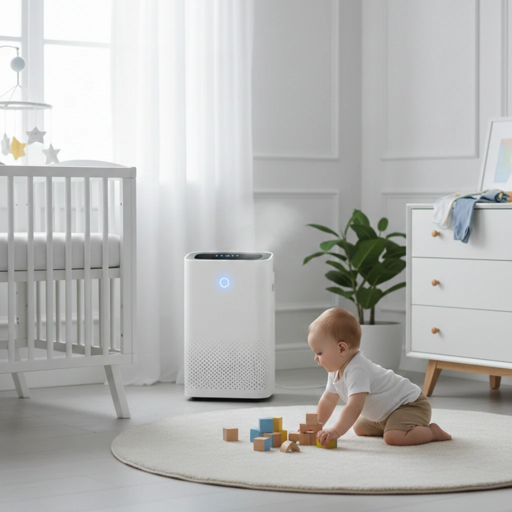 Th Best Air Purifier For Babies Room Featuring A Baby Playing Peacefully With An Air Purifier In Te Backgroun