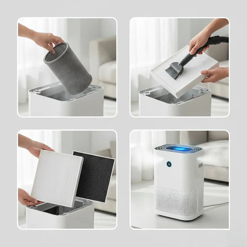 Image Collage Of Steps To Maintain An Air Purifier Filter