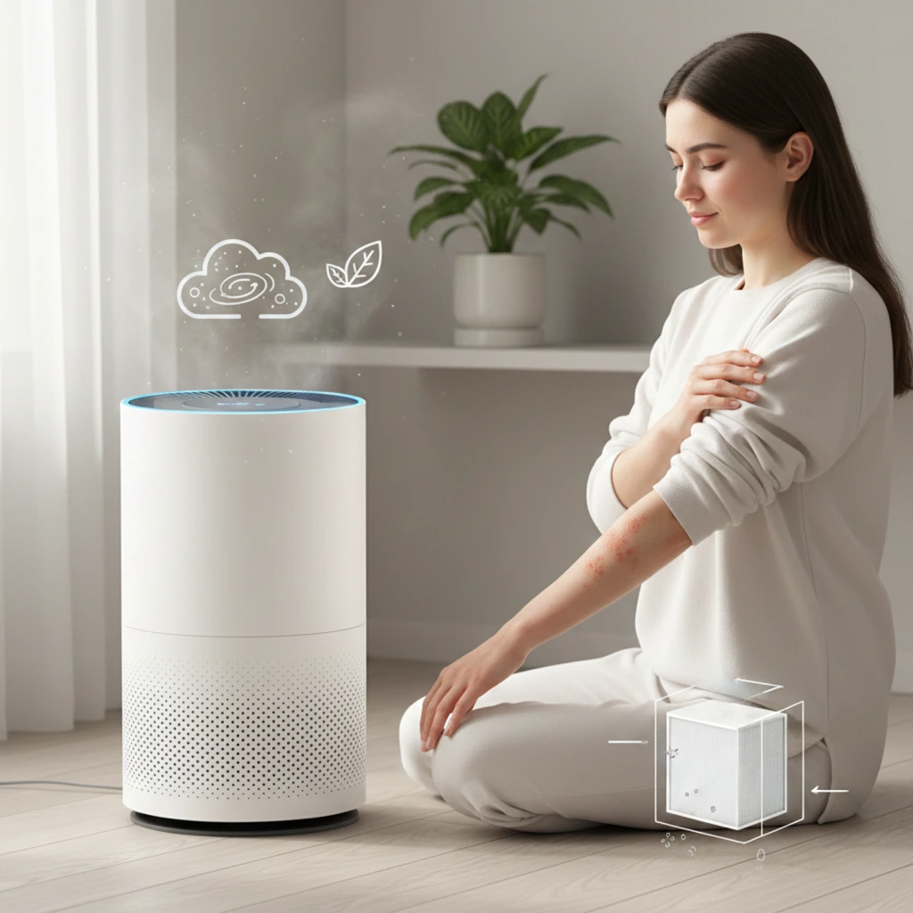 Image Of A Caucasian Female With Eczema Soothing Her Hands With An Air Purifier