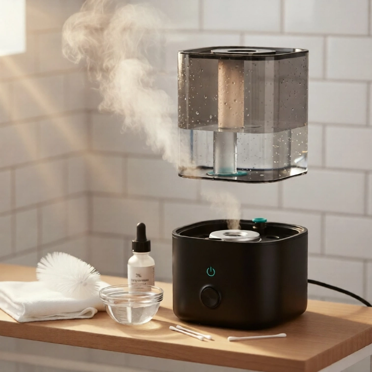 Image Of A Cross Section Of A Humidifier About To Be Cleaned Surrounded By Various Cleaning Utensils For How To Clean Humidifier Post