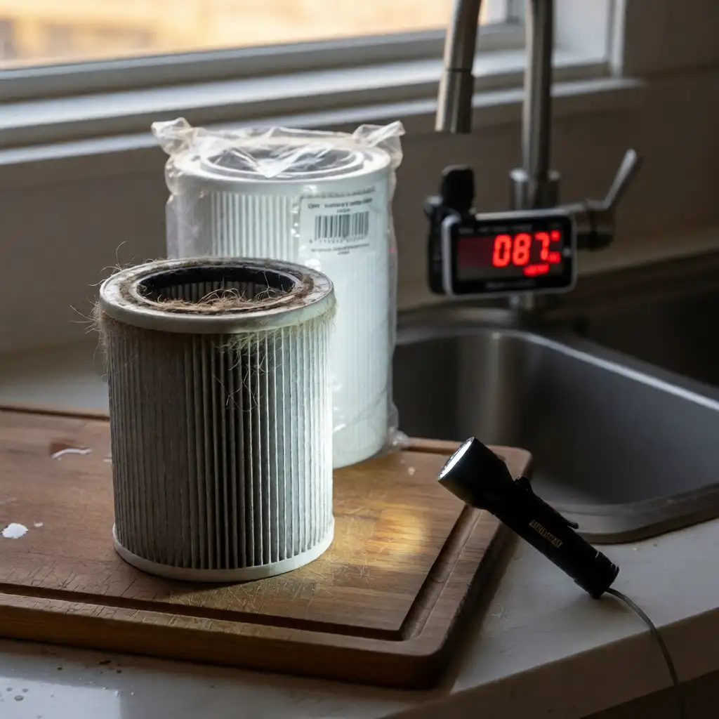 Image Of A Dirty Air Purifier With A Torch To Check It And A PM2.5 Meter Indicating When To Change The Air Purifier Filter