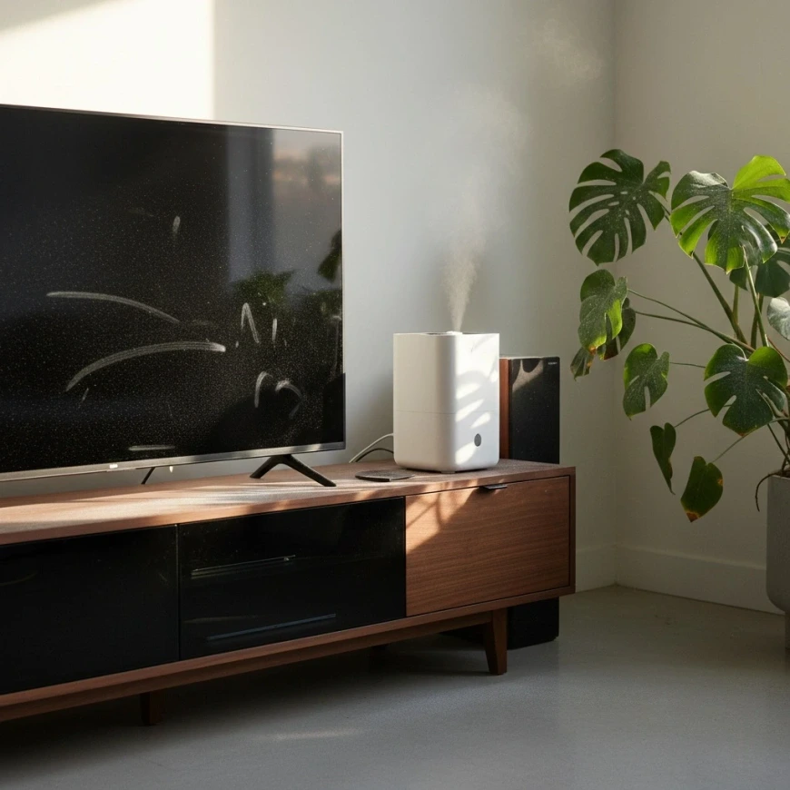 Image Of A Humidifier In Living Room With White Dust On The Tv Screen Coming From The Humidifier