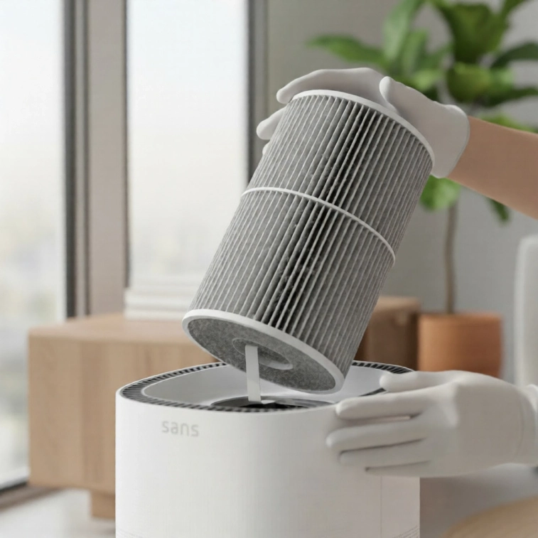 Image Of A Person Carefully Changing A Filter On A Sans Air Purifier