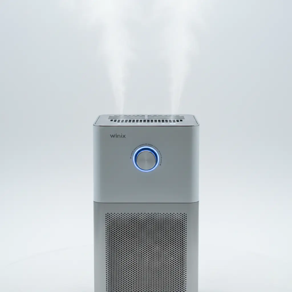 Image Of A Winix Air Purifier With A Blue Background For Winix Air Purifier Blog Post Featured Image