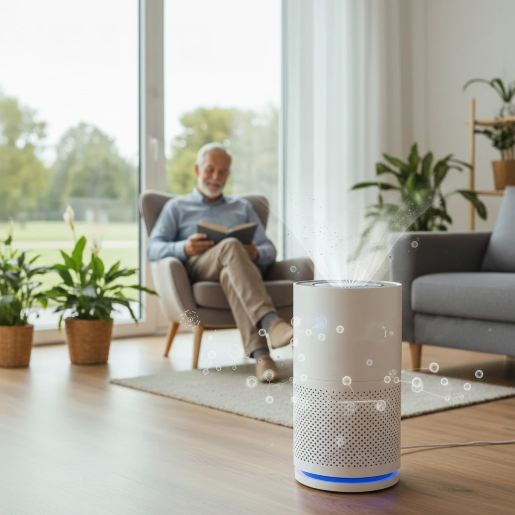 Image Of An Air Purifier Helping With COPD With An Old Man Reading A Newspaper in The Background