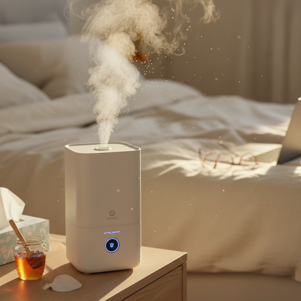 Image of the best humidifier for allergies in a scandinavian home prforming its humidifier function