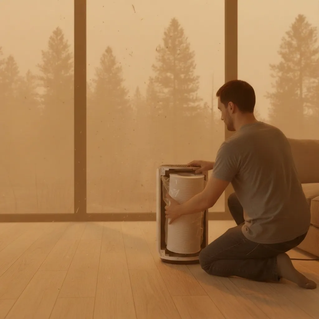 Man Changing An Air Purifier Filter During Wildfire Smoke