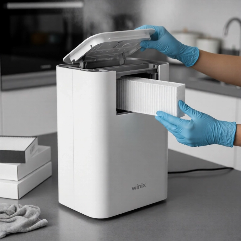 Winix Air Purifier Been Maintained By A Person Using Blue Gloves