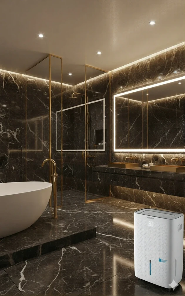 Image Of A 150 Pint Waykar Dehumidifier In A Bathroom With Gold And Black Marble Everywhere