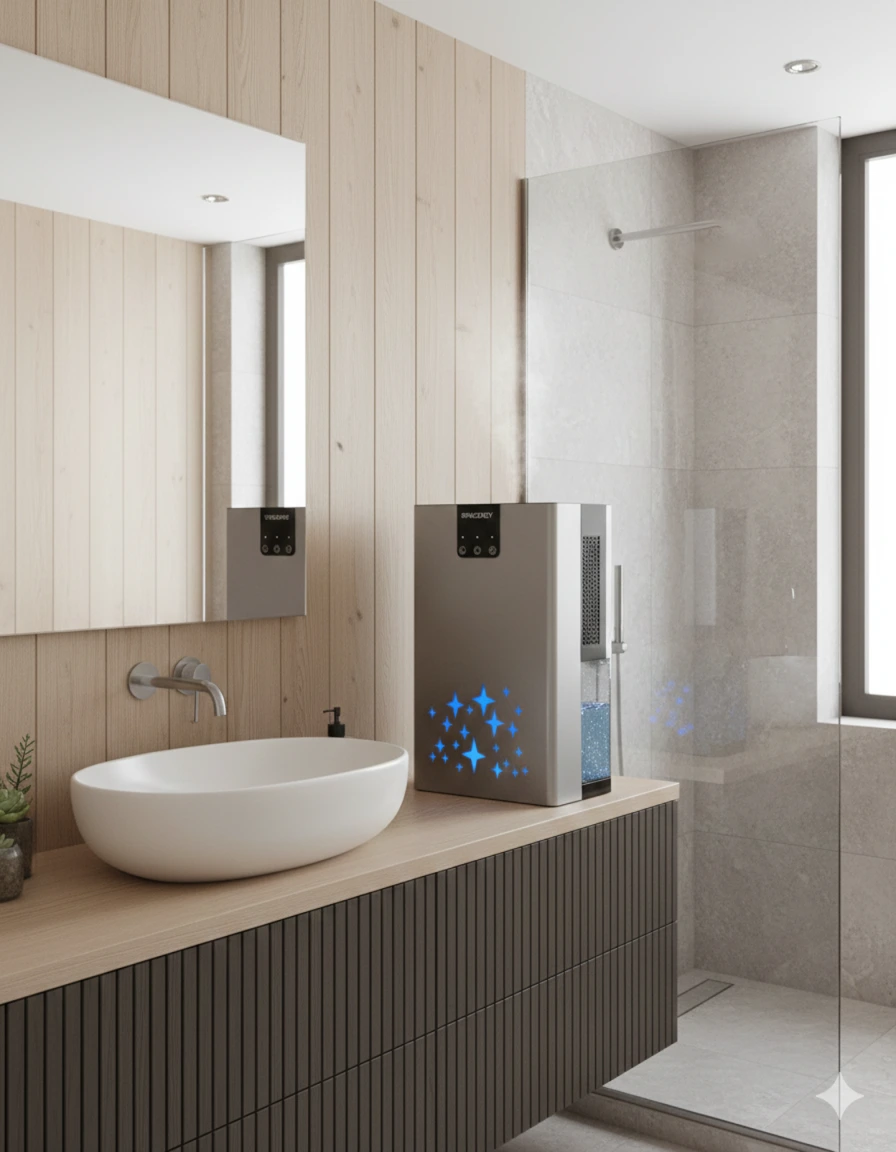 Image Of A SpaceKey QIG-DO2 Dehumidifier In A Modern Wood Themed Bathroom1