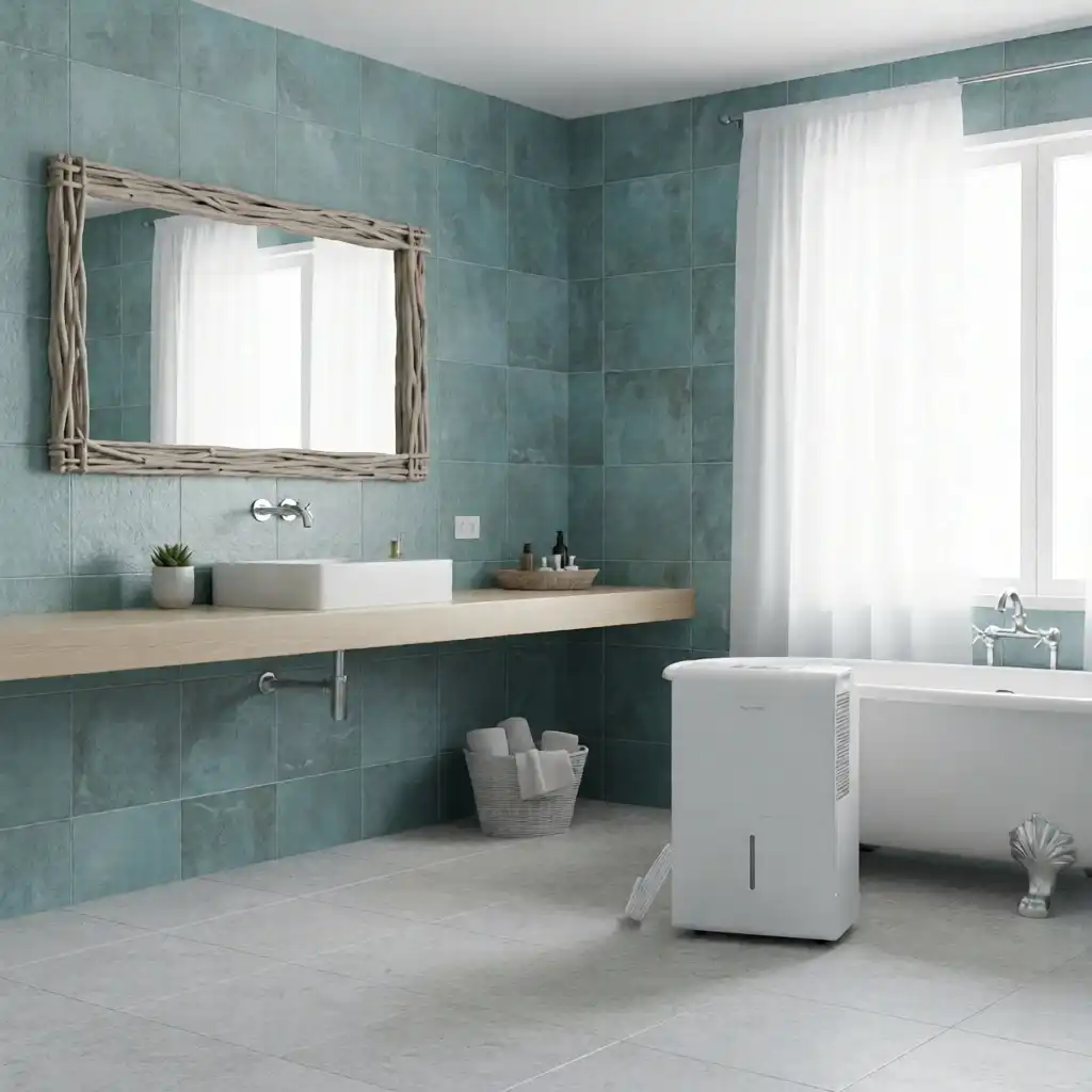 Image Of A hOmeLabs Dehumidifier In A Modern Ocean Themed Bathroom