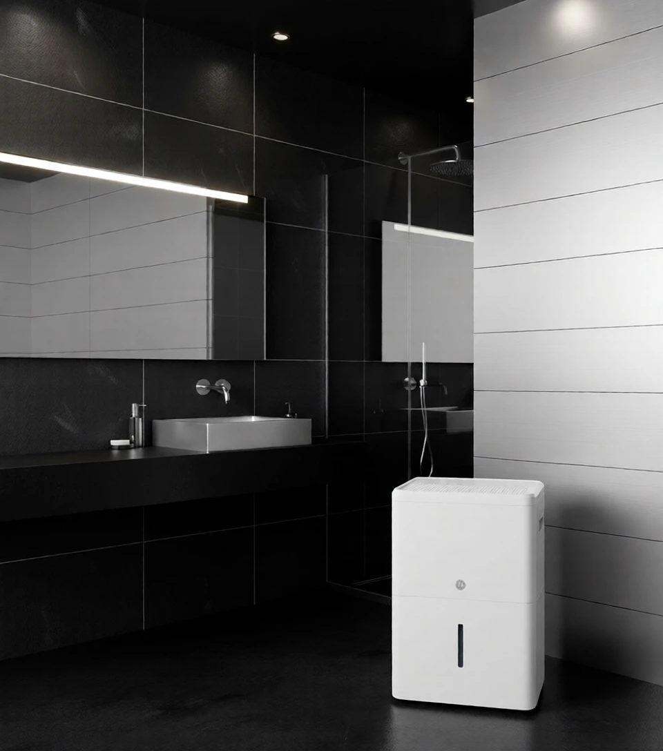 Image Of An Ivation Dehumidifier In A Modern Bathroom With Large Mirrors